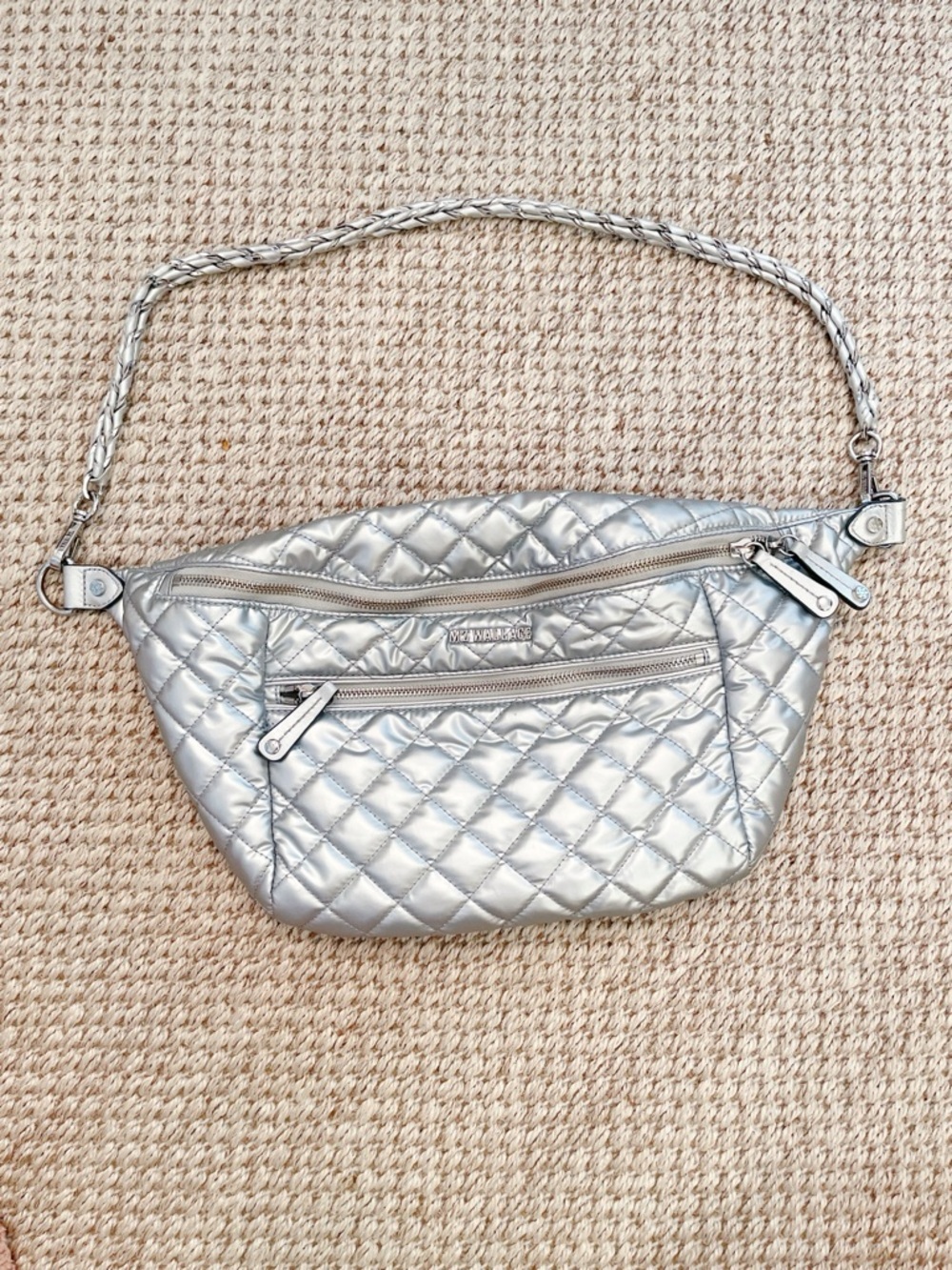 MZ Wallace Crosby Sling Metallic Silver Quilted Nylon Crossbody Bag - LIKE NEW